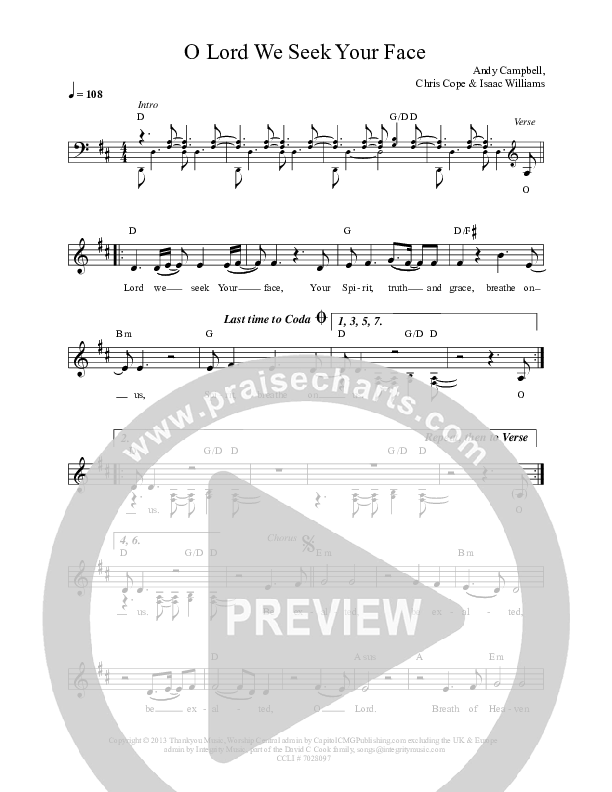 O Lord We Seek Your Face Lead Sheet (Worship Central / Nikki Fletcher)