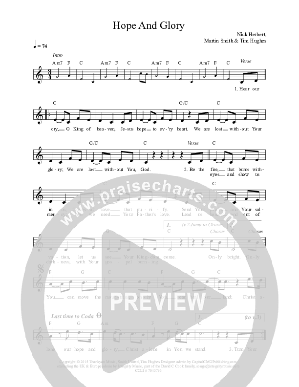 Hope And Glory Lead Sheet (Worship Central / Tim Hughes)
