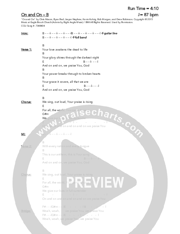 On And On Chord Chart (Eagle Brook Music)
