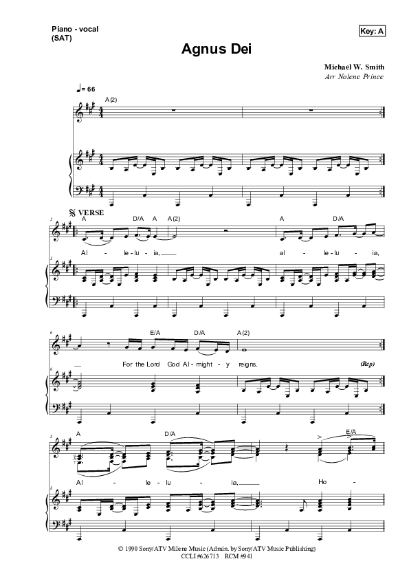 Agnus Dei Piano/Vocal (SAT) (Dennis Prince / Nolene Prince)