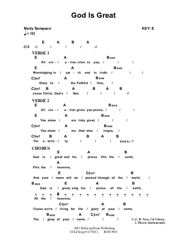 God Is Great Chords & Lyrics (Dennis Prince / Nolene Prince)