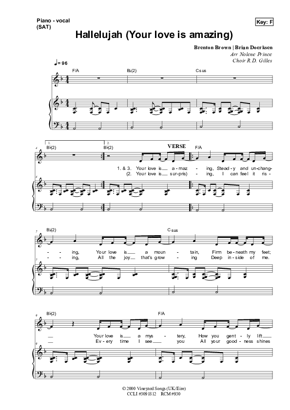 Hallelujah (Your Love Is Amazing) Piano/Vocal (SAT) (Dennis Prince / Nolene Prince)