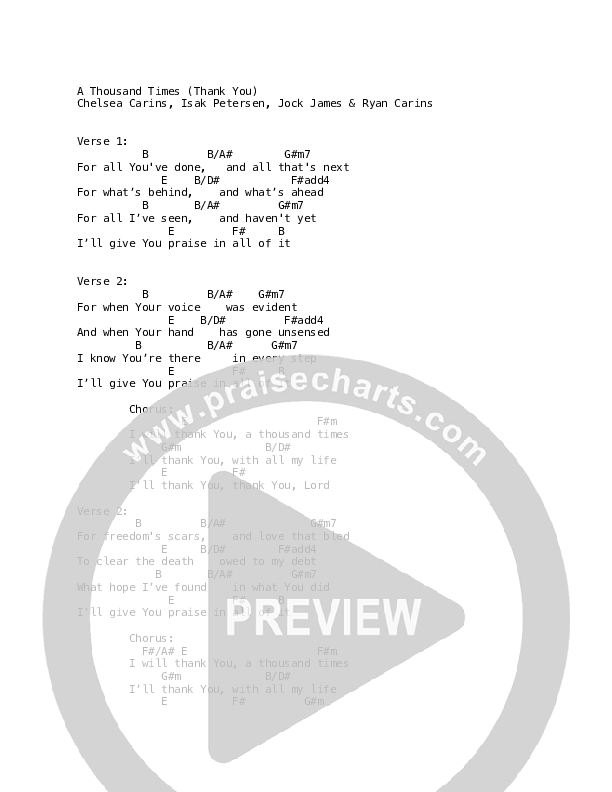 A Thousand Times (Thank You) Chords & Lyrics (Life Worship / Chelsea Carins / Ryan Carins)
