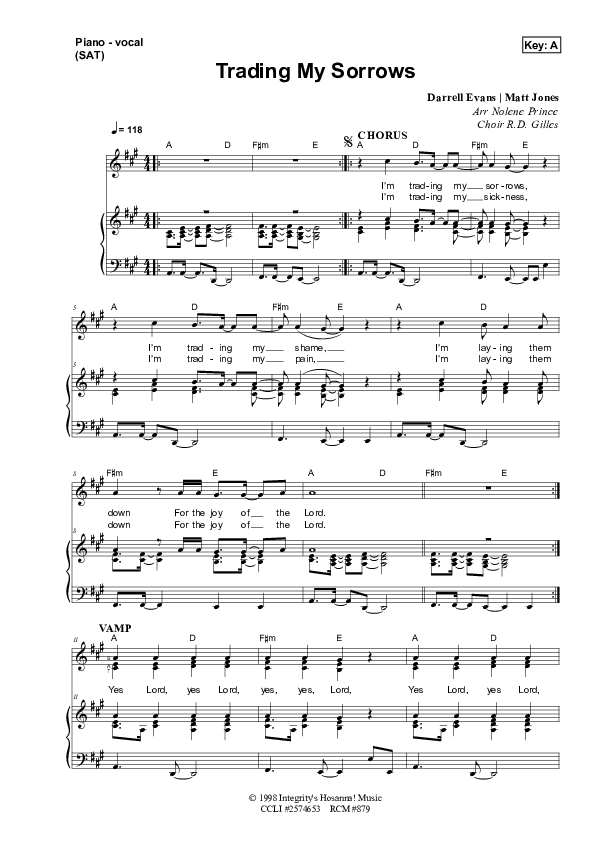 Trading My Sorrows Piano/Vocal (SAT) (Dennis Prince / Nolene Prince)