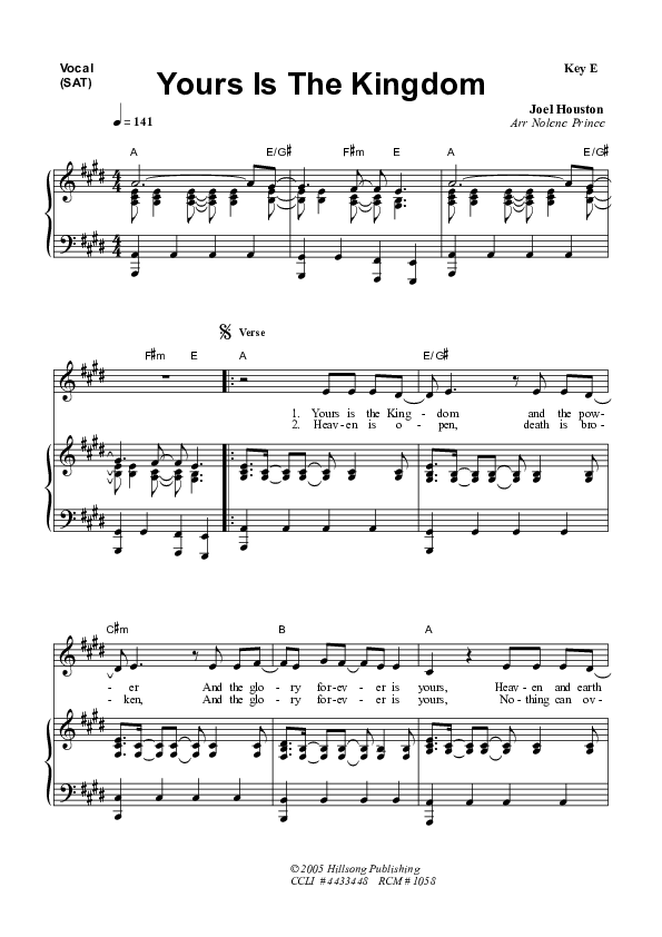 Yours Is The Kingdom Piano/Vocal (SAT) (Dennis Prince / Nolene Prince)