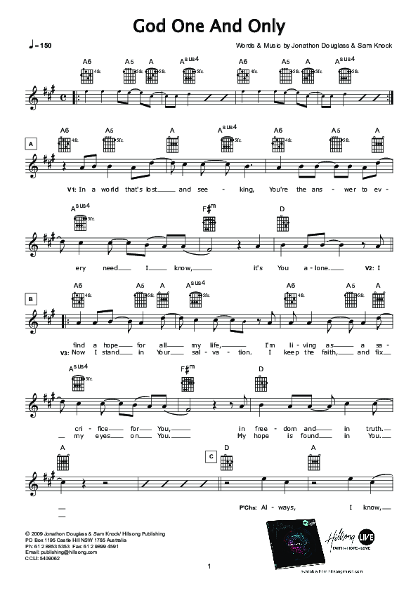 God One And Only (Instrumental) Lead Sheet (Hillsong Worship)