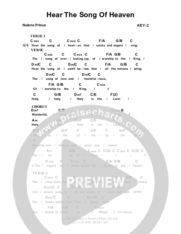 Hear The Song Of Heaven Chords & Lyrics (Dennis Prince / Nolene Prince)
