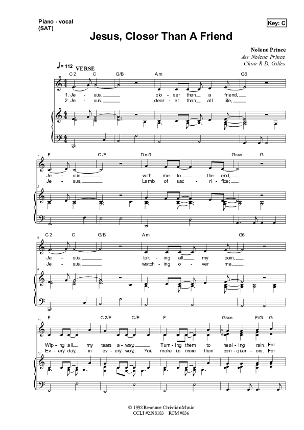 Jesus Closer Than A Friend Piano/Vocal (SAT) (Dennis Prince / Nolene Prince)