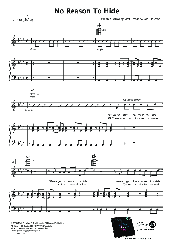 No Reason To Hide Piano/Vocal & Lead (Hillsong Worship)