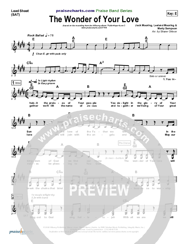 The Wonder Of Your Love Lead Sheet (Hillsong Worship)