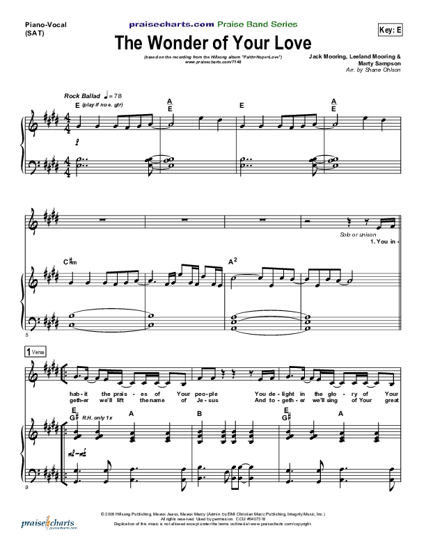 The Wonder Of Your Love Piano/Vocal (SAT) (Hillsong Worship)