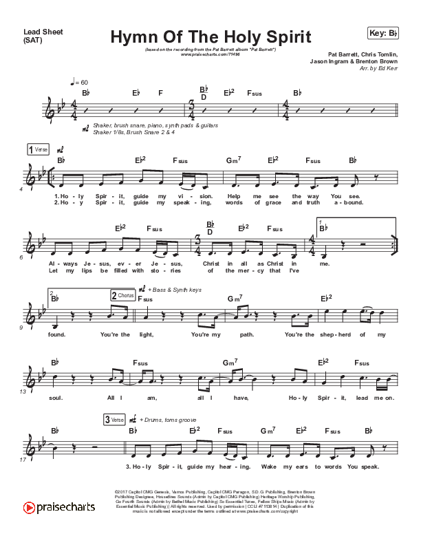 Hymn Of The Holy Spirit Lead Sheet (SAT) (Pat Barrett)