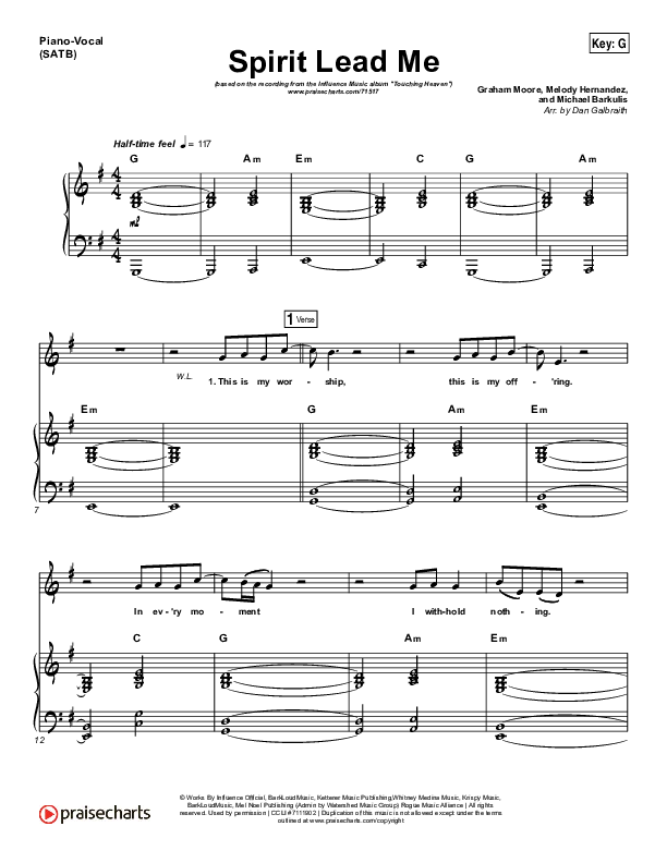 Spirit Lead Me Piano/Vocal (SATB) (Influence Music / Michael Ketterer)