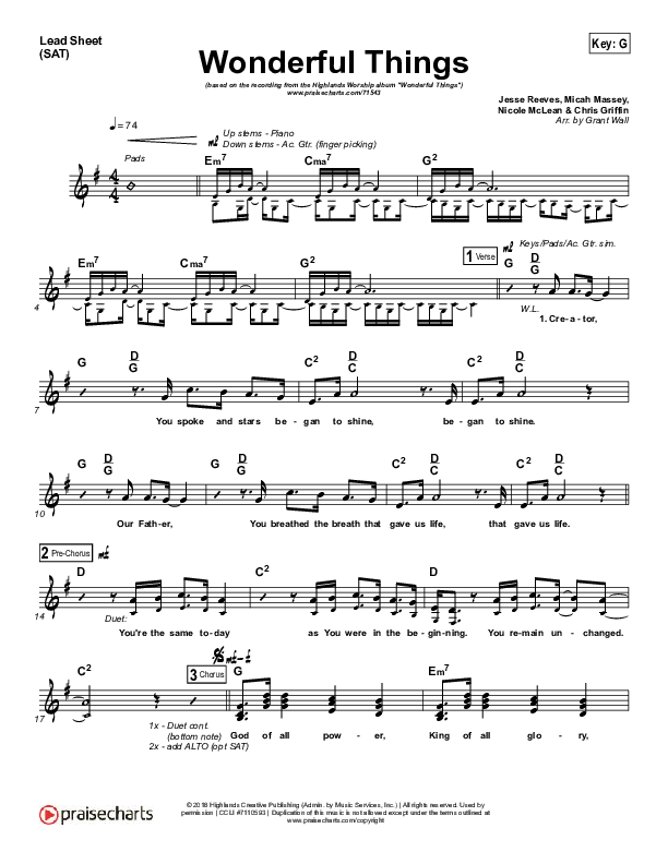 Wonderful Things Lead Sheet (Highlands Worship)