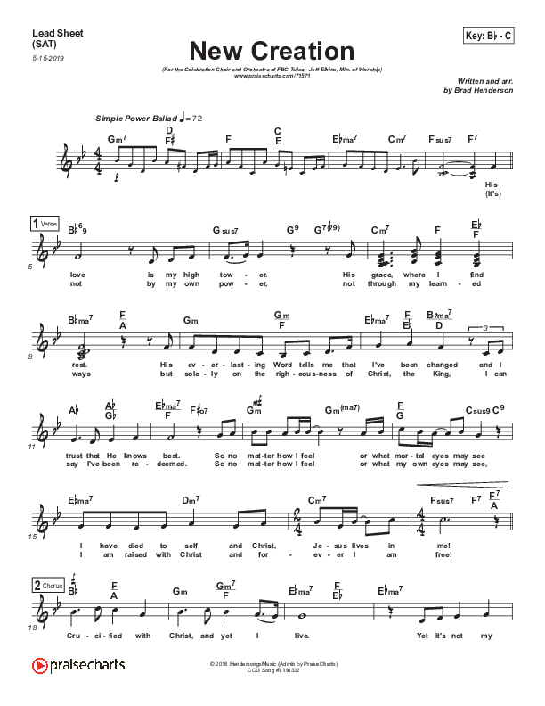 New Creation (Choral Anthem SATB) Lead Sheet (SAT) (Brad Henderson)