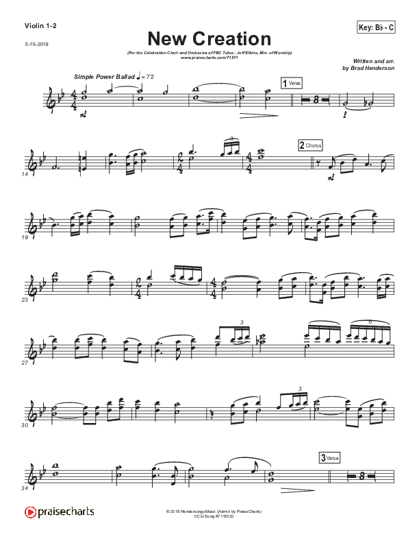 New Creation (Choral Anthem SATB) Violin 1/2 (Brad Henderson)