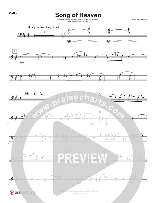 Song Of Heaven (Choral Anthem SATB) Cello (Brad Henderson)