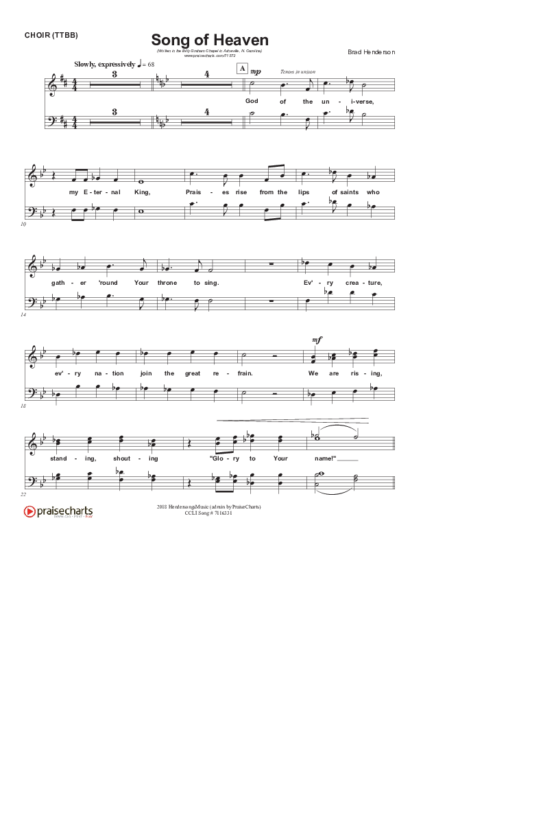 Song Of Heaven (Choral Anthem SATB) SATB/TTBB Choir Sheet (Brad Henderson)