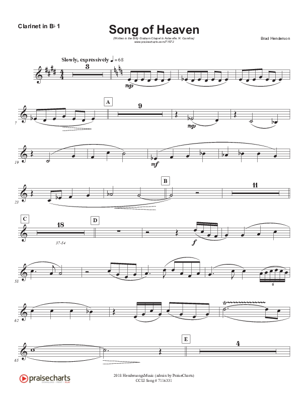 Song Of Heaven (Choral Anthem SATB) Clarinet (Brad Henderson)