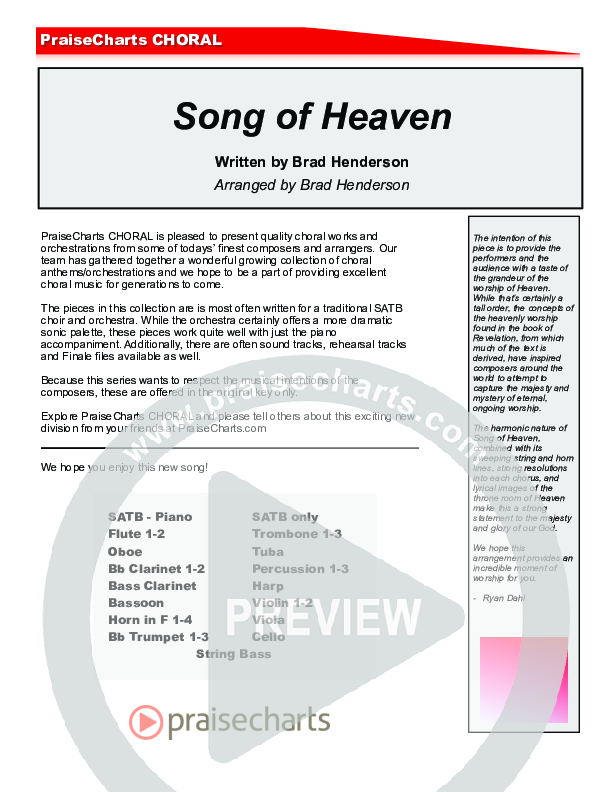 Song Of Heaven (Choral Anthem SATB) Cover Sheet (Brad Henderson)