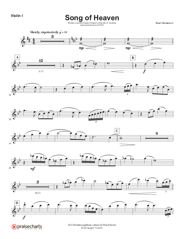 Song Of Heaven (Choral Anthem SATB) Violin 1 (Brad Henderson)