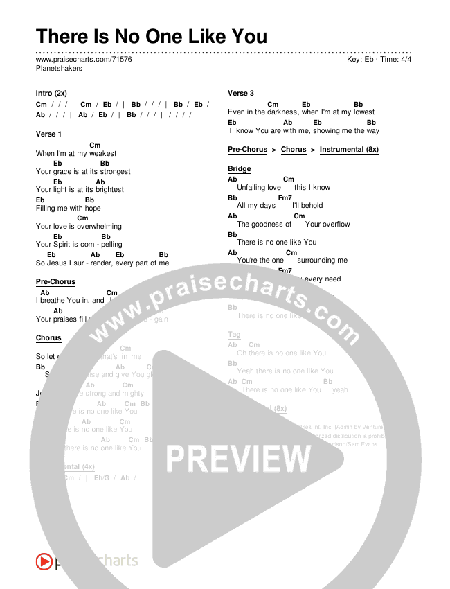 There Is No One Like You Chords & Lyrics (Planetshakers)