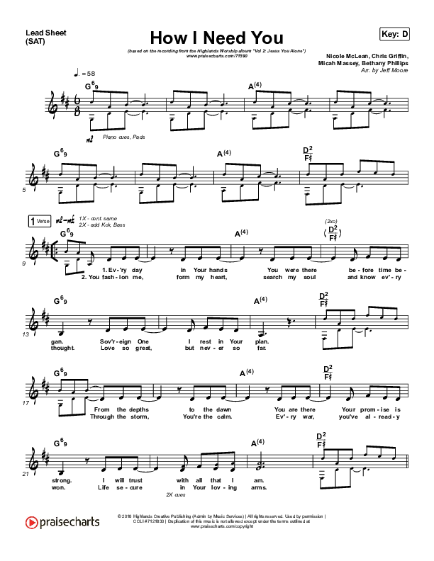 How I Need You Lead Sheet (SAT) (Highlands Worship)