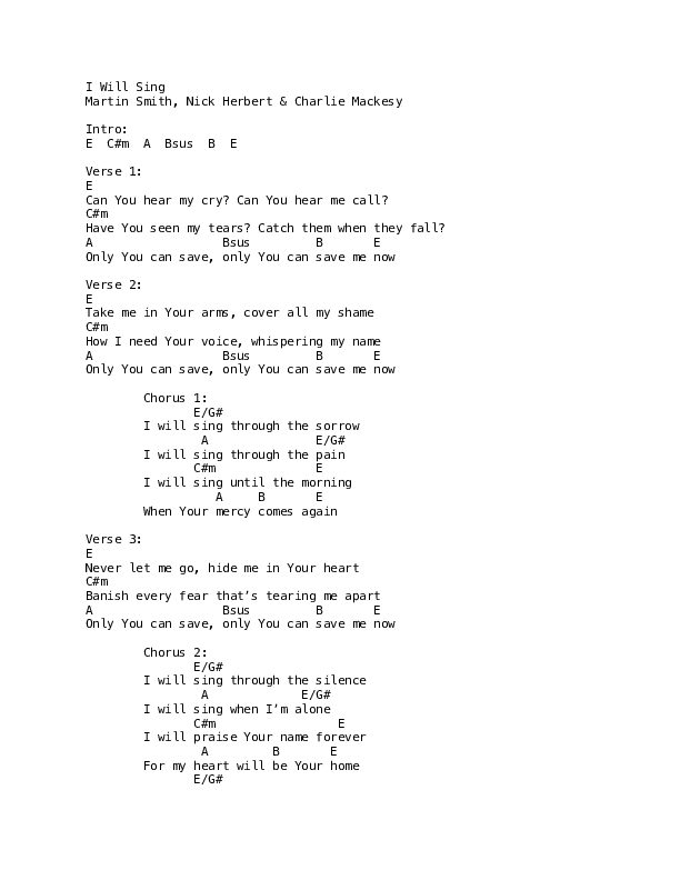 I Will Sing Chord Chart (Martin Smith)