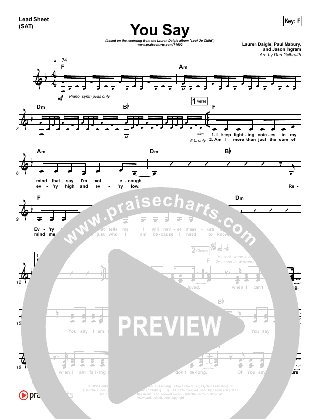 You Say Sheet Music PDF (Lauren Daigle) PraiseCharts