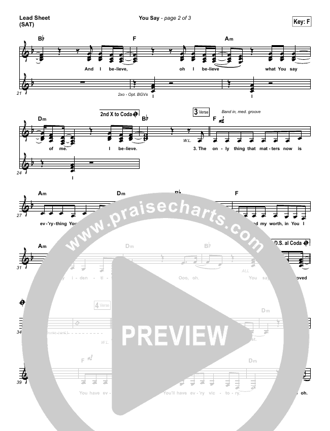 You Say Sheet Music PDF (Lauren Daigle) PraiseCharts