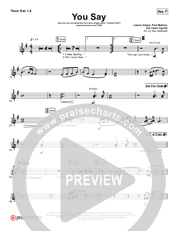 You Say Tenor Sax 1/2 (Lauren Daigle)