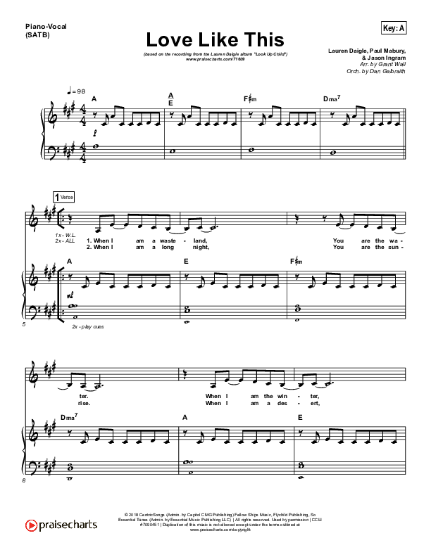 Love Like This Piano/Vocal (SATB) (Lauren Daigle)