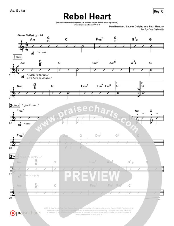 Rebel Heart Acoustic Guitar Sheet Music PDF (Lauren Daigle) - PraiseCharts