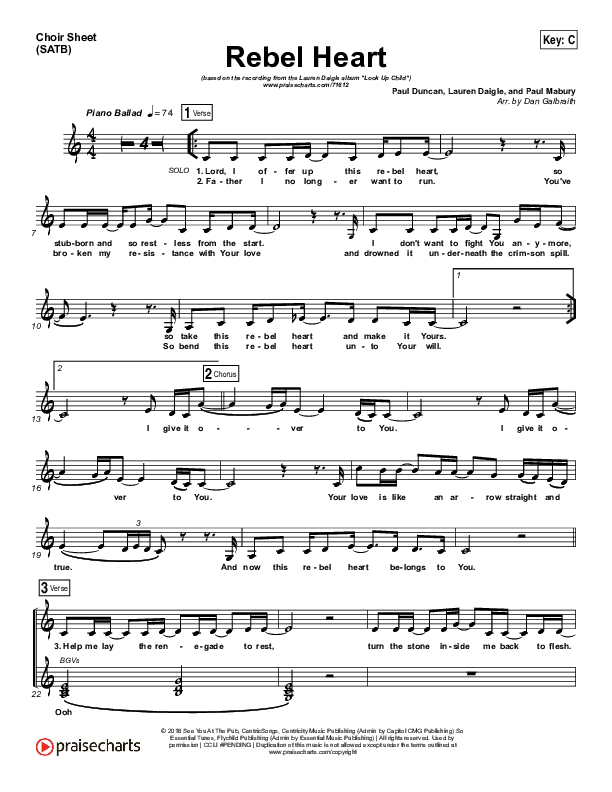 Rebel Heart Choir Sheet (SATB) (Lauren Daigle)