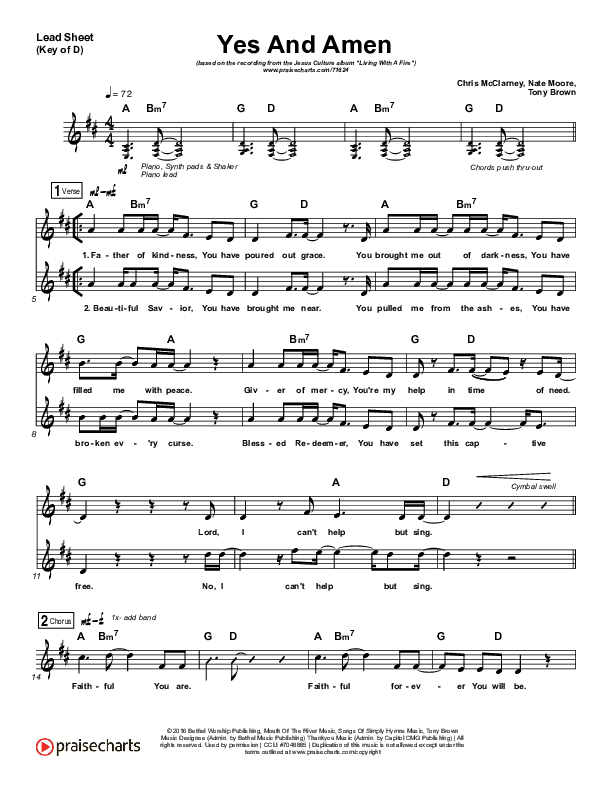 Yes And Amen Lead Sheet (Melody) (Jesus Culture / Chris McClarney)