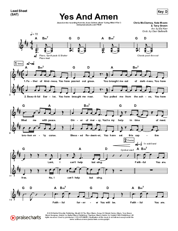 Yes And Amen Lead Sheet (SAT) (Jesus Culture / Chris McClarney)