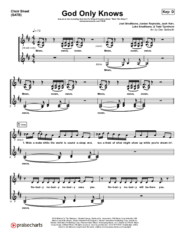 God Only Knows Choir Sheet (SATB) (for KING & COUNTRY)