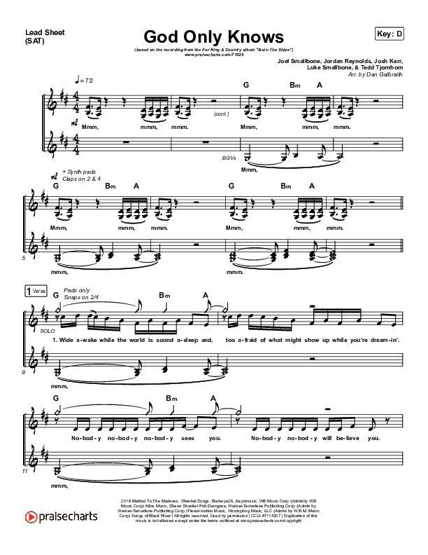 God Only Knows Lead Sheet (SAT) (for KING & COUNTRY)