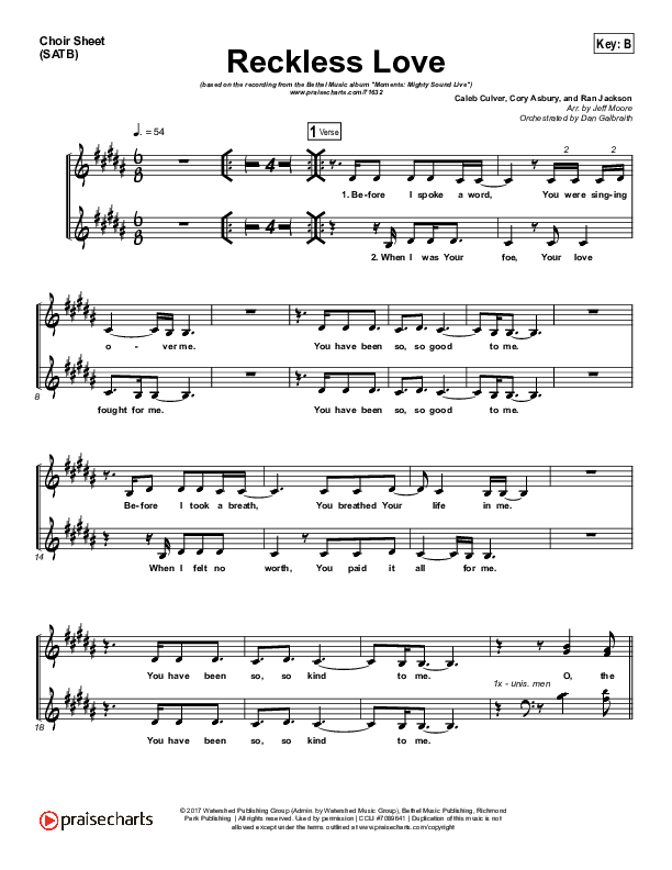 Reckless Love (Spontaneous) Choir Sheet (SATB) (Bethel Music / Steffany Gretzinger)
