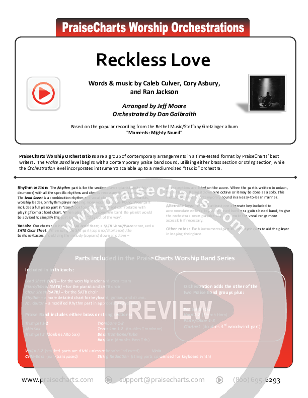 Reckless Love (Spontaneous) Cover Sheet (Bethel Music / Steffany Gretzinger)