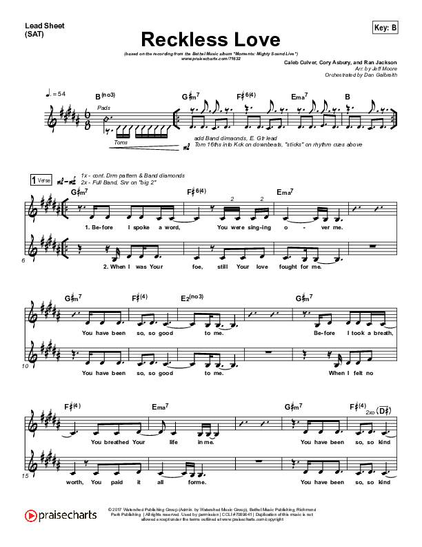Reckless Love (Spontaneous) Lead Sheet (SAT) (Bethel Music / Steffany Gretzinger)