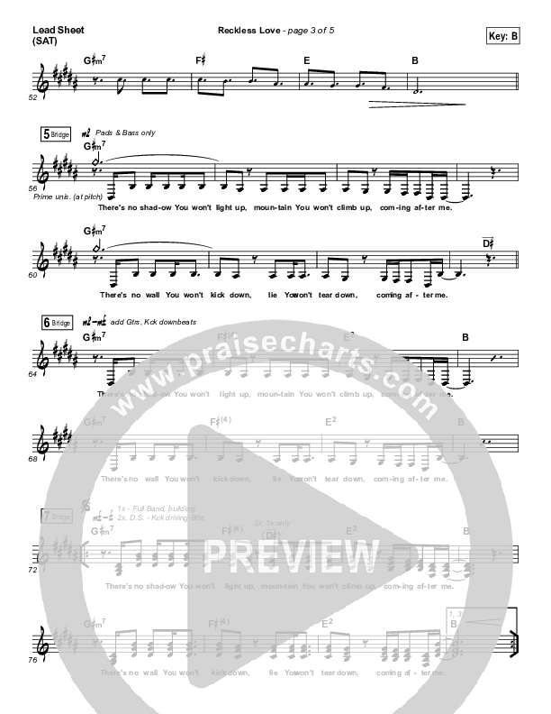 Reckless Love (Spontaneous) Lead Sheet (SAT) (Bethel Music / Steffany Gretzinger)