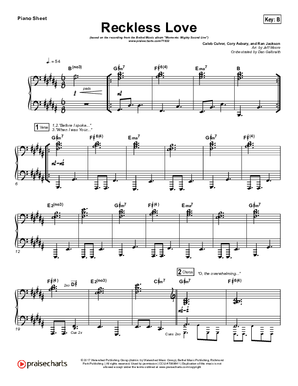 Reckless Love (Spontaneous) Piano Sheet (Bethel Music / Steffany Gretzinger)