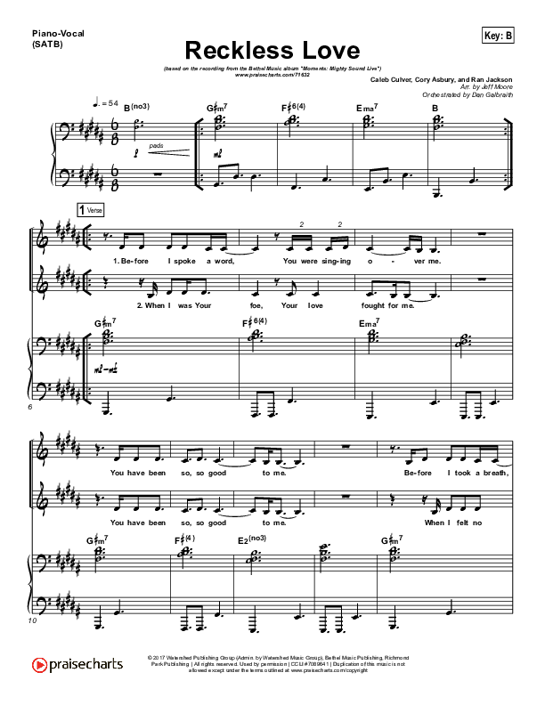 Reckless Love (Spontaneous) Piano/Vocal (SATB) (Bethel Music / Steffany Gretzinger)
