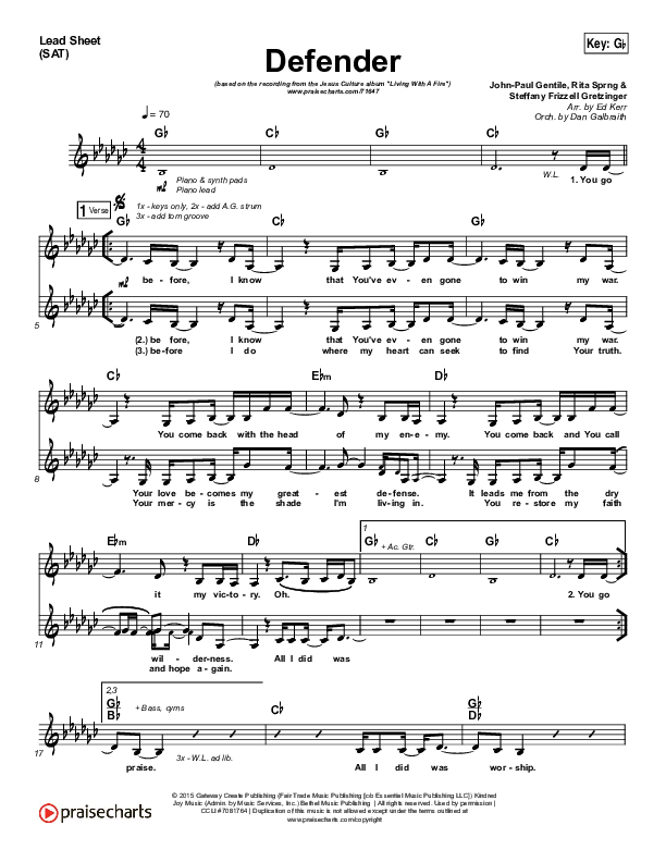 Defender Lead Sheet (SAT) (Jesus Culture / Katie Torwalt)