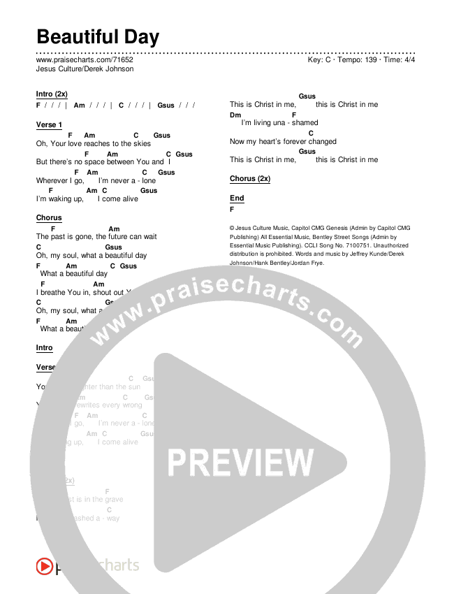 Beautiful Day Chords & Lyrics (Jesus Culture / Derek Johnson)