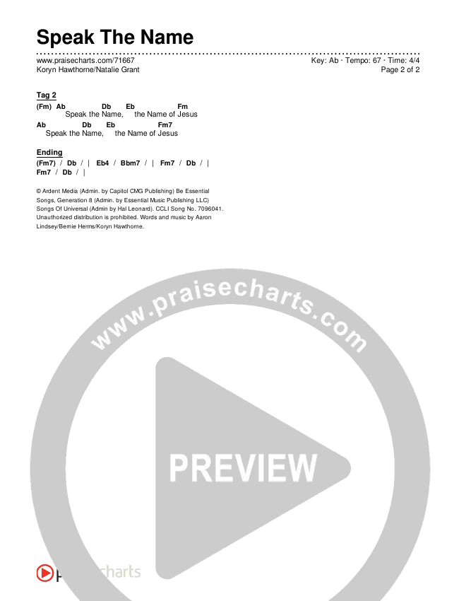 Speak The Name Chords & Lyrics (Koryn Hawthorne / Natalie Grant)