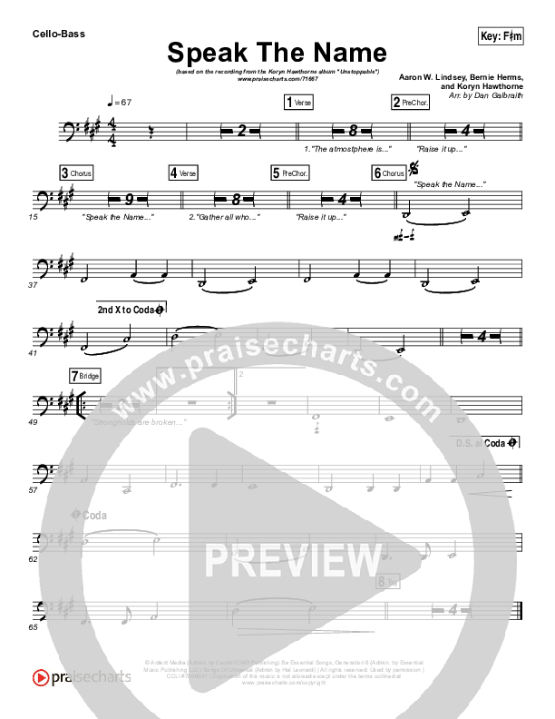 Speak The Name Cello/Bass (Koryn Hawthorne / Natalie Grant)