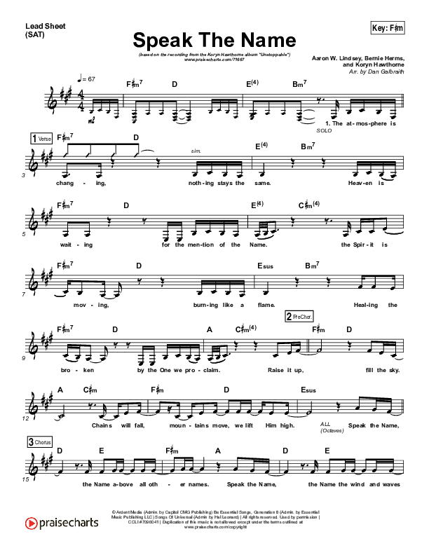 Speak The Name Lead Sheet (Print Only) (Koryn Hawthorne / Natalie Grant)
