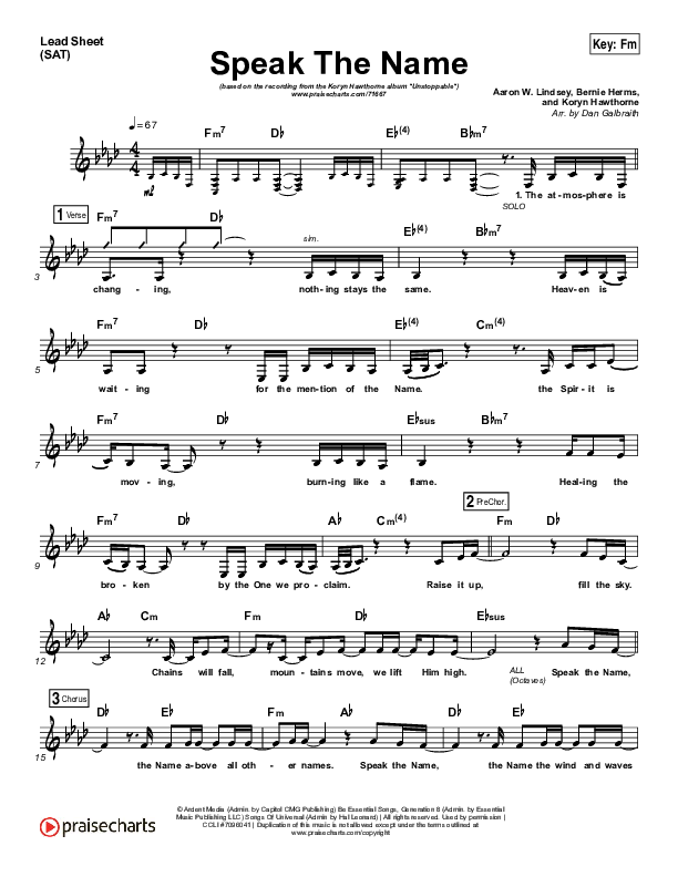 Speak The Name Lead Sheet (Print Only) (Koryn Hawthorne / Natalie Grant)